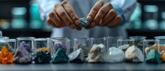 Obraz premium Hands Examining Raw Minerals in Laboratory Setting