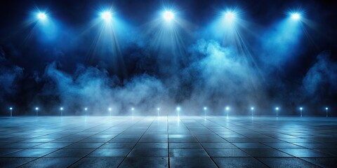 Dark blue smoky empty street floor with neon light spotlights