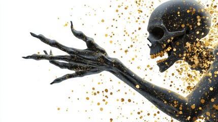 Obraz premium Golden skeletal figure reaching out with dramatic flair, surrounded by shimmering particles, AI