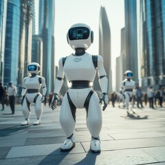 Obraz premium Humanoid Robot Walking Among City Dwellers