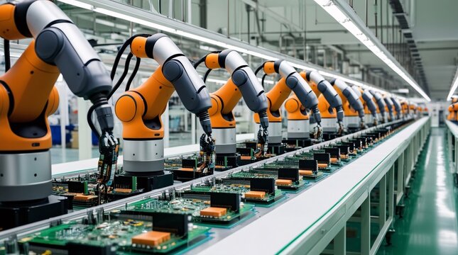 A series of robotic arms work in unison to assemble circuit boards on a production line. The bright, clean environment highlights advanced technology in electronics manufacturing