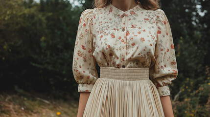 Vintage floral print blouse with puff sleeves, tucked into a midi-length pleated skirt