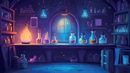 Wizards Room With Potion-Making Paraphernalia Featuring A Magical Cartoon Illustration Of A Cozy Room Filled With Colorful Bottles Spell Books Cauldrons And Enchanted Artifacts