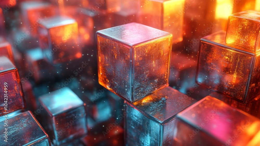 Poster Translucent cubes glow with vibrant colors, creating a mesmerizing abstract design. The interplay of light and shadows enhances the visual depth, captivating the viewer's attention.
