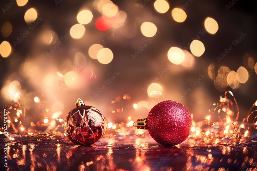 Poster Christmas balls on a table with glowing lights in the background.