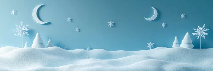 Panoramic winter wonderland with moon and stars, creating a peaceful new year's backdrop. Ideal for holiday themes and decorations.