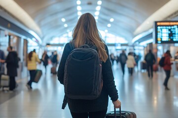 Young woman with backpack wheeling suitcase through busy airport terminal, looking at flight info screens, people rushing around 1