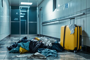 Open suitcase with messy clothes spilling out onto floor in airport restroom, someone has left their luggage behind 3