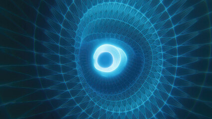 A glowing blue vortex with geometric wireframe patterns converging toward the center, creating a futuristic and digital abstract tunnel tech sci-fi effect