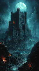 A massive Teutonic castle illuminated by moonlight, its towers silhouetted against the night sky.