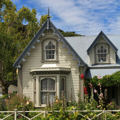 Small old timber cottage in Akaroa, New Zealand.