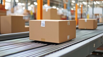 Cardboard boxes on conveyor belt in warehouse