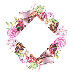 Watercolor sweet desserts wreath with flowers hand drawn isolated. Dessert wreath. Sweets wreath. 
