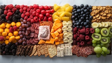 A colorful and delicious charcuterie board with a variety of fruits, cheeses, meats, and crackers.