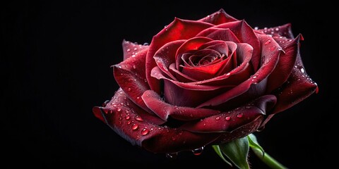 Dark red rose with water drop reflection on black background