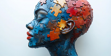A vibrant composition of a human silhouette made up of colorful puzzle pieces, ideal for designs related to creativity, problem-solving, and cognitive exploration.