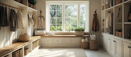 A well-lit entryway with white cabinets, a wooden bench, and a large window overlooking a lush green garden. The space is decorated with baskets, plants, and coats hung on hooks.
