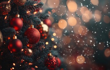 Beautiful Christmas tree adorned with red and gold ornaments, with a soft glow of festive lights and falling snow creating a magical winter atmosphere