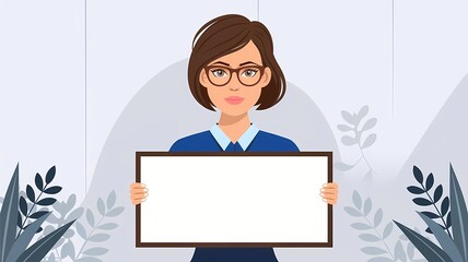 Young Woman Holding Blank Sign Surrounded by Greenery In Professional Setting 