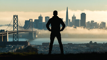 Fototapeta premium Silhouette of a Man Against a Foggy San Francisco Skyline
