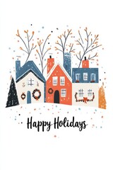 Festive holiday card design with cozy houses and cheerful greetings expressing joy and warmth of the Christmas season