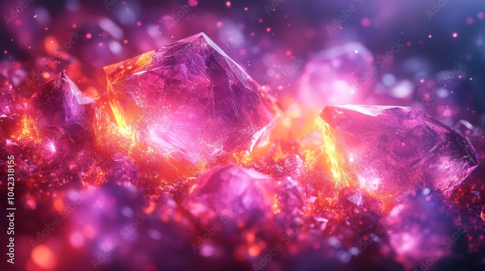 Poster a collection of radiant pink and purple crystals illuminated by a soft glow, surrounded by glistenin
