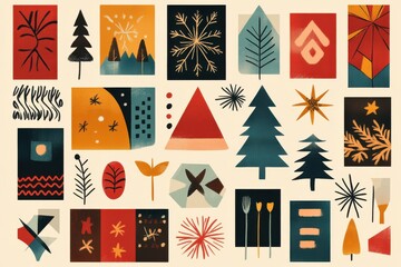 Flat design illustration showcasing a Christmas pattern with abstract holiday shapes and festive colors