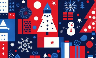 Festive Christmas pattern with colorful geometric elements including snowflakes, Christmas trees, and snowman on vibrant background