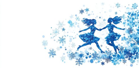 Abstract winter dance illustration with two blue figures and snowflakes on a white background conveying a sense of joy and movement
