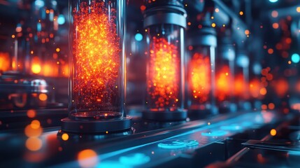 Close-up of glowing tubes on a futuristic machine.