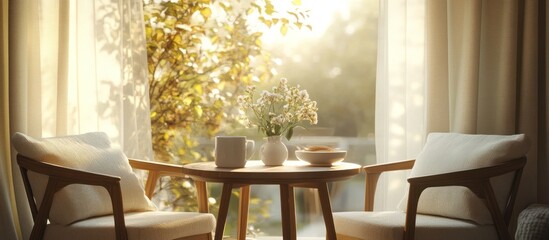 Two white chairs with cushions and a wooden table with a cup and a vase of white flowers sits in front of a window with curtains and sunlight streaming through.
