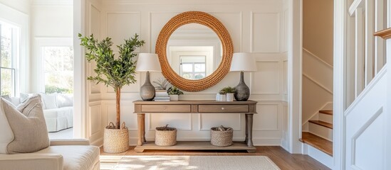 A wooden console table with two drawers in a bright hallway with a large round mirror, two lamps, a potted plant and a rug.