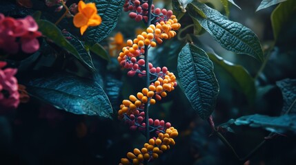 A close-up shot of a vibrant, spiral-shaped plant with yellow and red berries, set against a backdrop of lush green leaves.