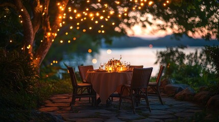 A romantic dinner table set under a tree with string lights at dusk.