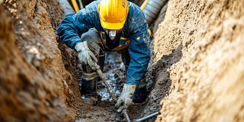 A sewer cleaner in work clothes and protective gear is working in a trench to clean pipes.
