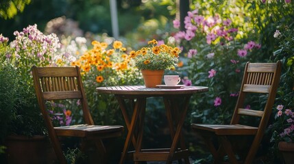 A small wooden table with two chairs and a cup of tea in a garden setting with flowers.