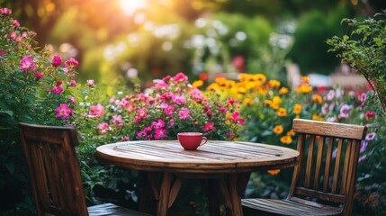 A red cup of coffee sits on a wooden table in a garden with blooming flowers.