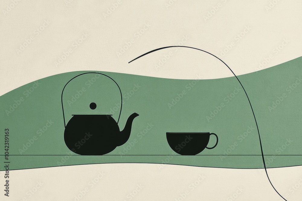 Aufkleber A simple line art representation of a teapot and cup creates a tranquil vibe against a soft green backdrop. Generative AI