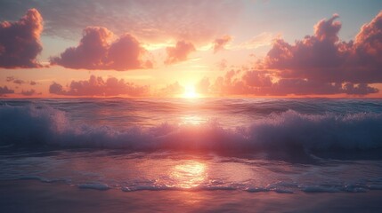 A beautiful sunrise over the ocean with waves crashing on the shore.