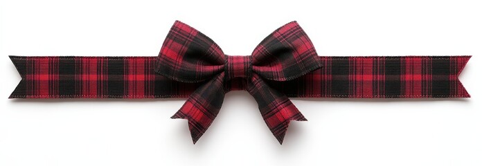 Elegant red and black tartan ribbon with bow isolated on white background for decoration and gift wrapping