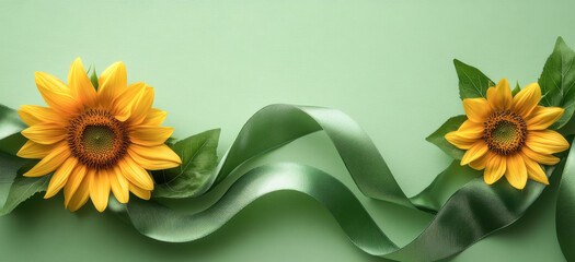 Hidden disability, Invisible Disability Awareness Week background. Yellow sunflowers and green satin ribbons on light green background