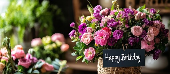 A bouquet of pink and purple flowers with a sign that says "Happy Birthday" in a wicker basket.