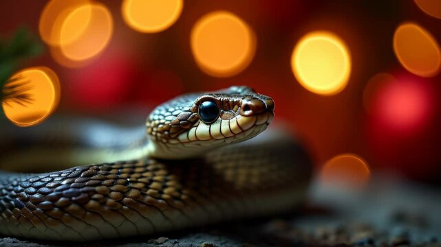 Close-up of a snake on a blurred background, bright bokeh
