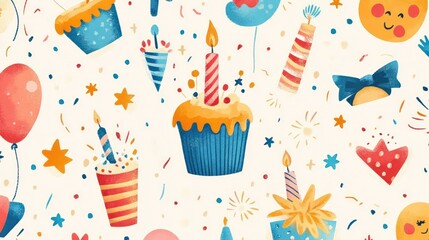 Seamless pattern with birthday cake, balloons, candles, confetti, and stars on white background.