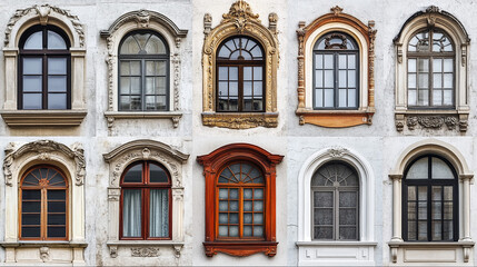 Naklejka premium Ornate Arched Windows on Vintage Building Facade