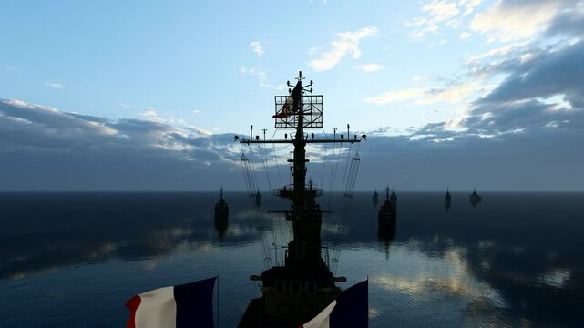 French warship confronts enemy vessels.