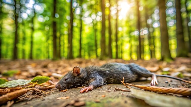 Dead black and small desman lying in the forest during daytime in spring
