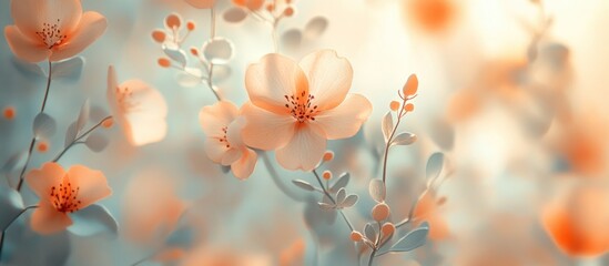 Soft focus image of delicate, light pink blossoms on a tree branch with a blurred green background.