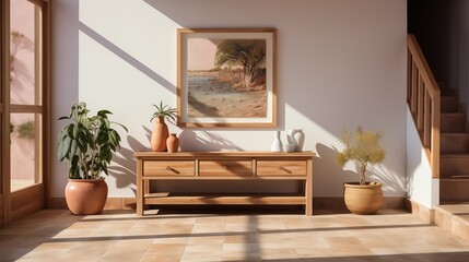 Fototapeta premium Modern entrance hall featuring a sleek wooden console table and stylish door, with bright minimalist decor.