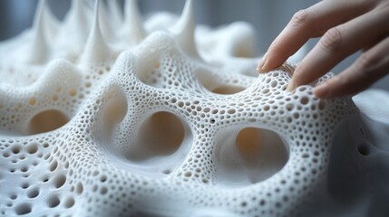 A hand gently touches a 3D printed model with a textured, organic surface.